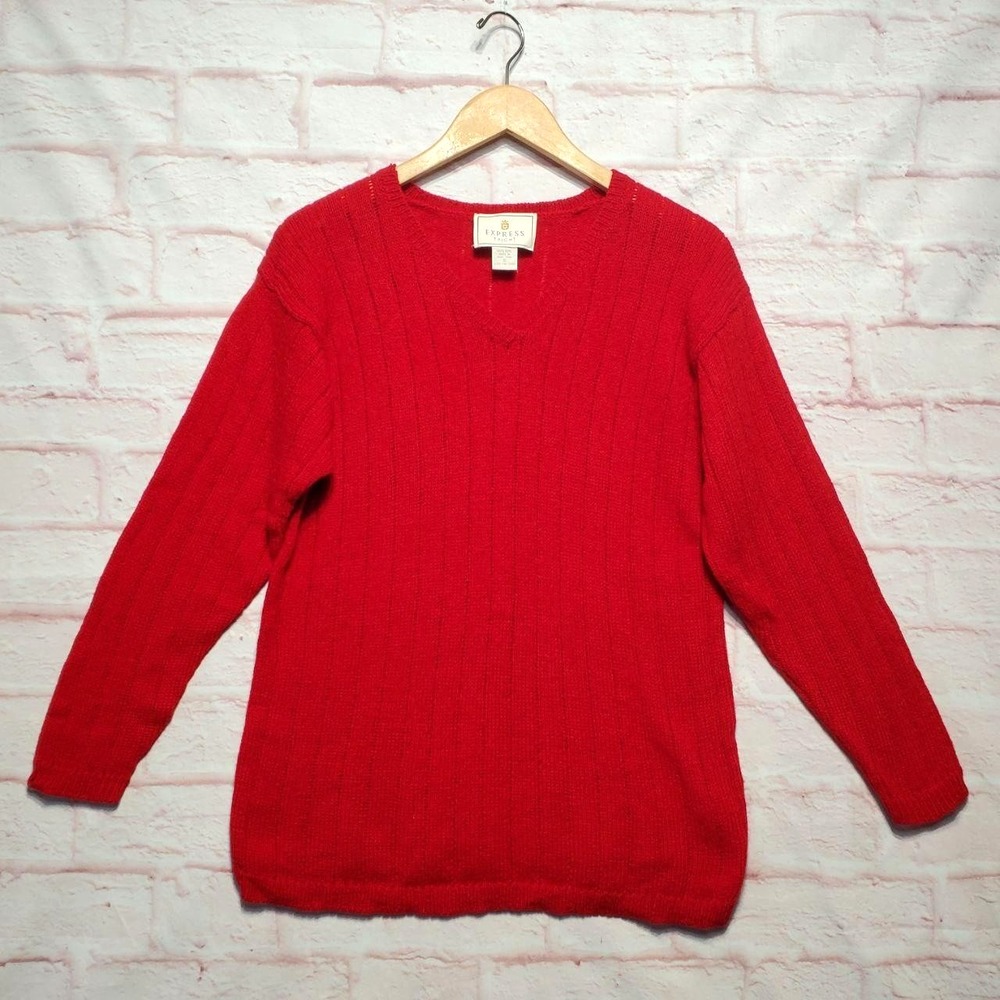 Express‎ Tricot Sweater Womens Small Red V Neck 100% Wool Ribbed Holiday 90s VTG